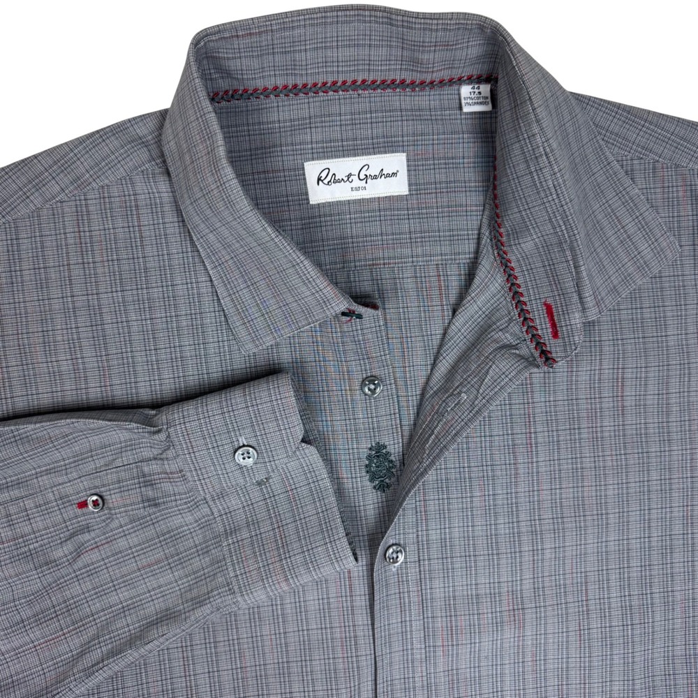 Robert Graham Gray Plaid Dress Shirt Stretch Mens‎ 44 / 17.5 Button Front Luxury